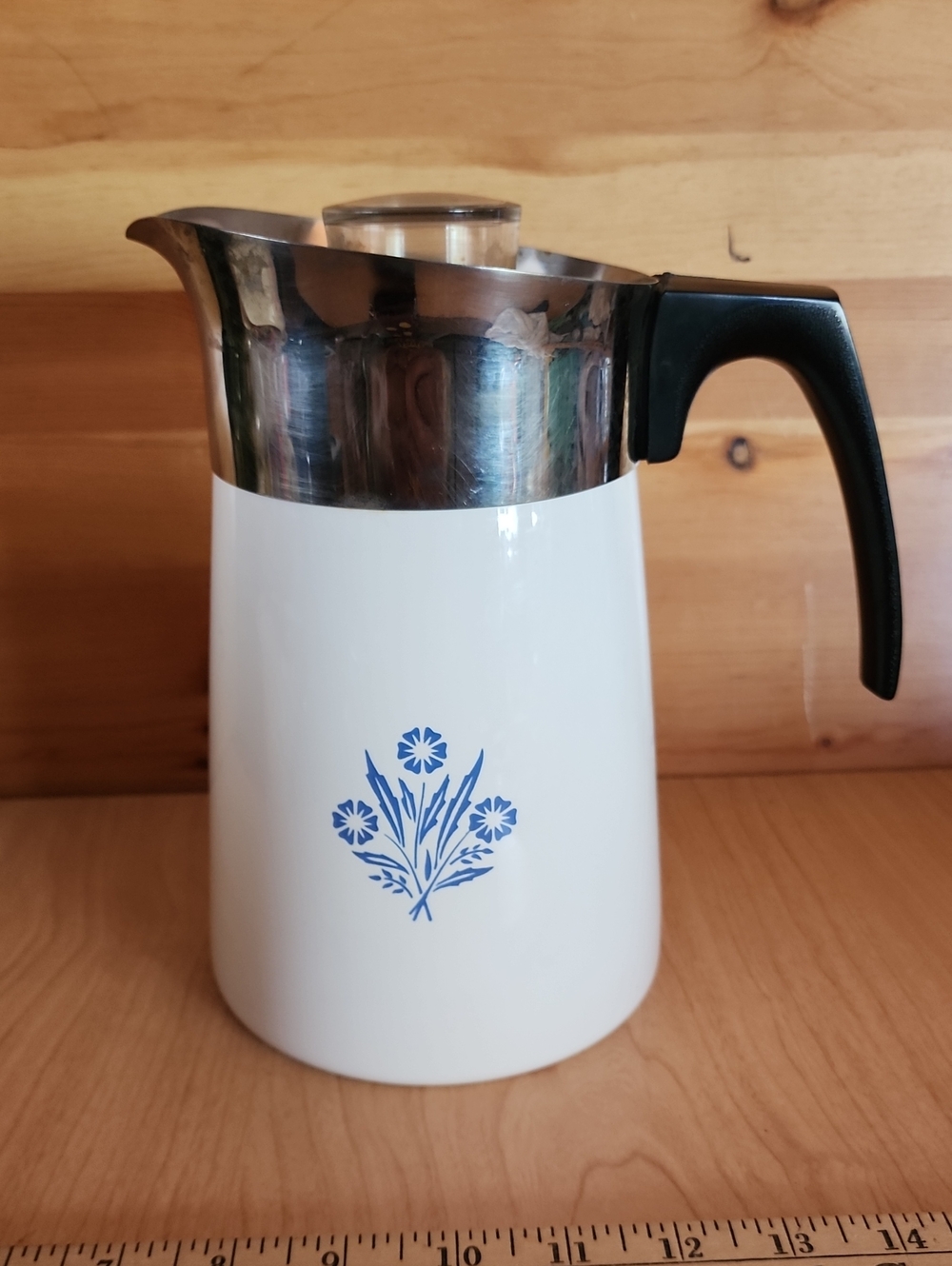RARE Corningware P-146 6 Cup White Coffee Percolator with Blue Floral Motif.